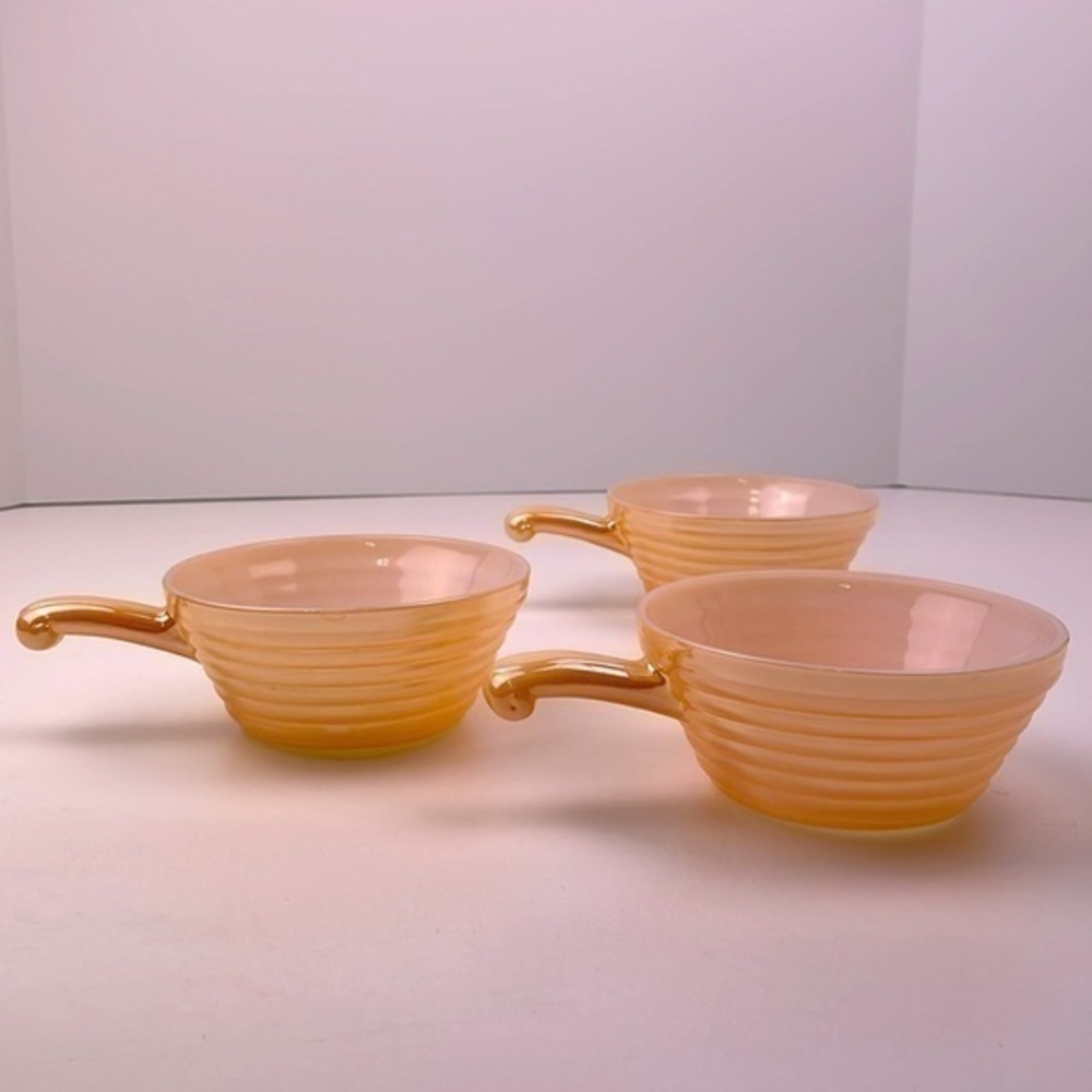 Vintage Fire King Peach Lustre Ribbed Handled Soup Bowls Set of 3 1960s 5”